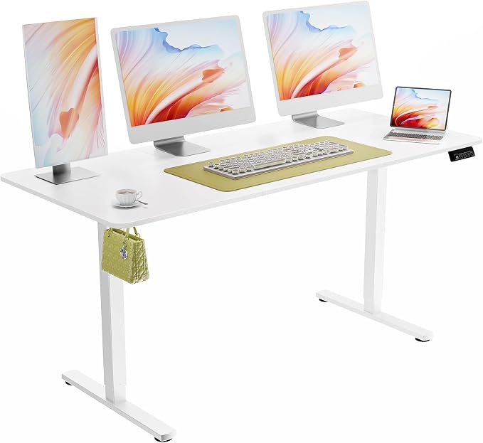 ERGOMAKER 63"x28" Standing Desk, Height Adjustable Sit-Stand Office, White | Electric Adjustable Standing Desk, Sit to Stand Computer Office Desk with Splice Board, Memory Preset, Lifts 28.7''-46.5"