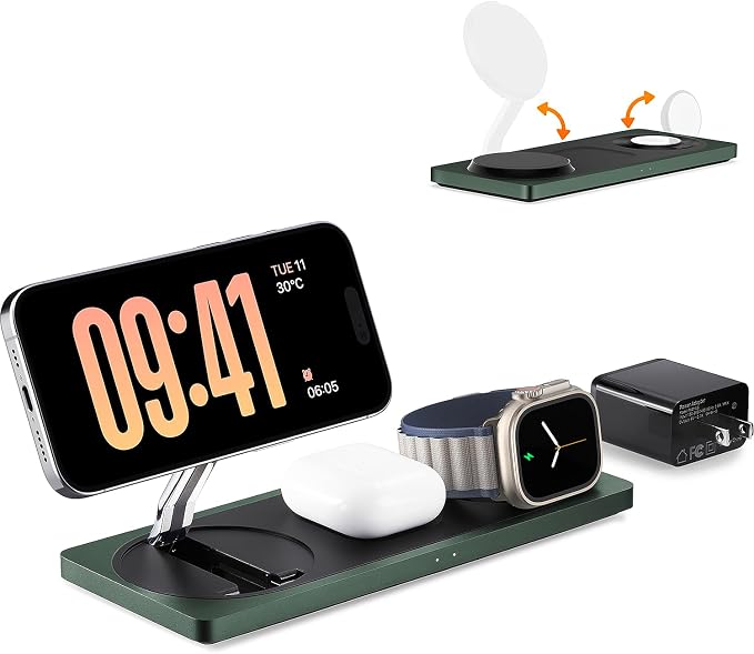 PETINO 3 in 1 Wireless Charging Station for Apple Devices with MagSafe | For iPhone 17/Air/16/15/14/13/12, AirPods & Apple Watch, Foldable Portable Aluminum Charging Stand, Adapter Included