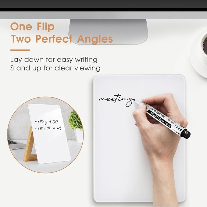 Desktop Glass Dry Erase Board, 11" x 8.2", Adjustable Wood Stand, Reusable | Small Glass Whiteboard, Desk Notepad for Home Office