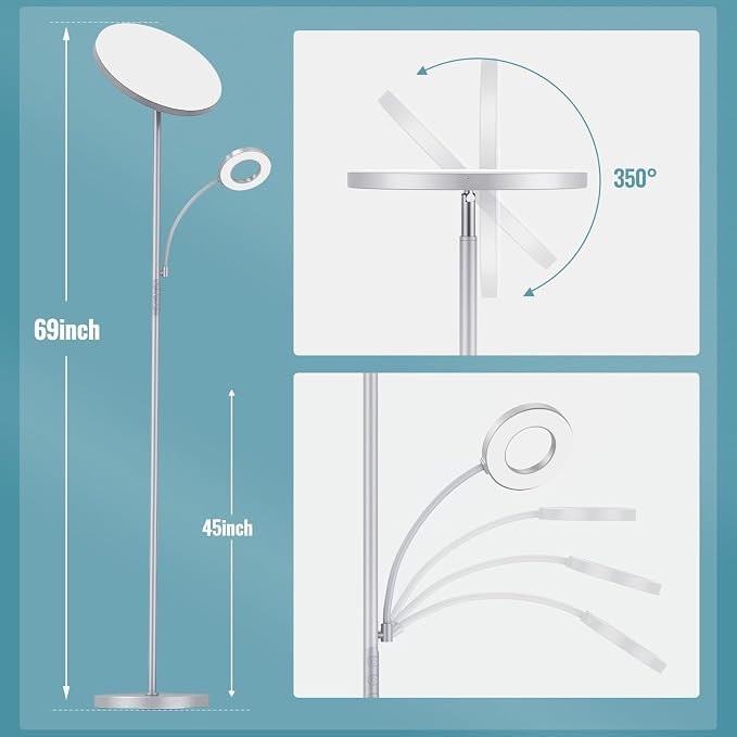 marctronic Silver Gray Floor Lamp, 42W 4000LM Super Bright LED Lamp with Reading Light for Living Room Bedroom Office, Dimmable Standing Lamp with Remote & Touch Control