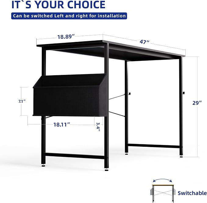 Pamray 47 Inch Computer Desk for Small Spaces with Storage Bag, Home Office Work Desk with Headphone Hook, Small Office Desk Study Writing Table