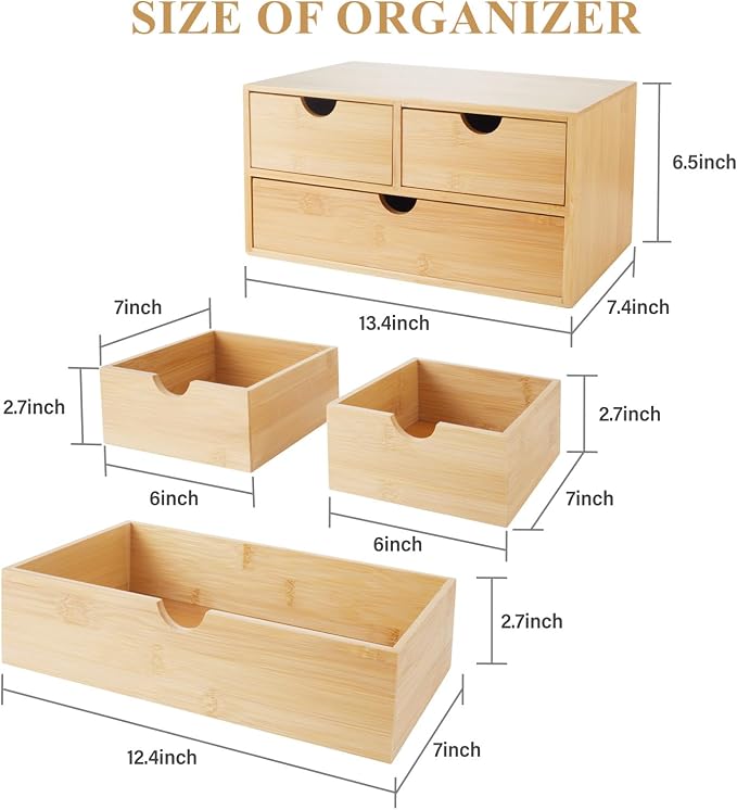 Charmewooden Bamboo Desk Organizer with 3 Drawers, Countertop Organizer with Drawers Makeup Storage Drawer 3 Drawers Tabletop Storage Organization Box Home Office Workspace