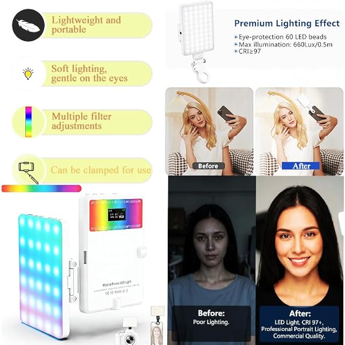 Selfie Light for iPhone-Camera Light for Content Creator -Portable Light-Clip on Light with 3 Mode&10 Brightness Levels, Ring Light for Phone for TikTok-Makeup-Video Recording-Vlog-Laptop-White