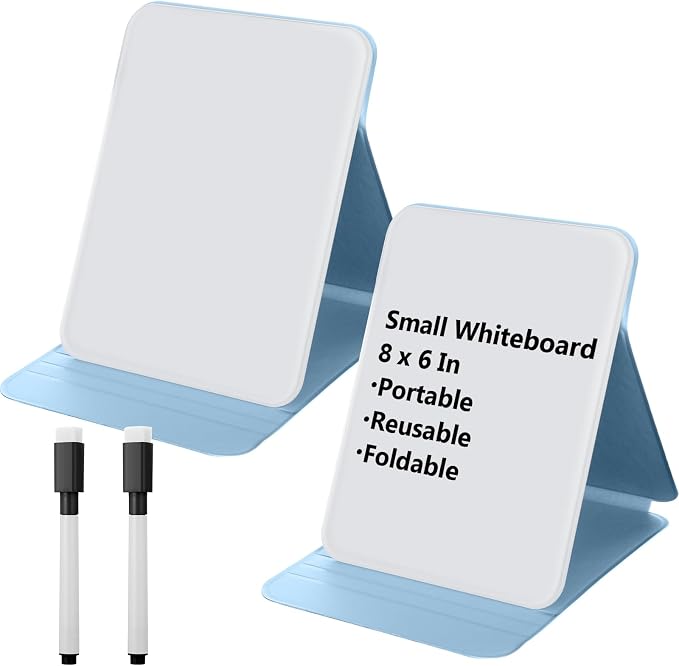 Dunzoom 2 Sets 4 Pcs Small Glass Desktop Whiteboard with Reversable Stand 8x6 Inch Mini Dry Erase White Board Easel with 2 Markers Reusable Desk Notepad for Home Office School Supplies (Blue)