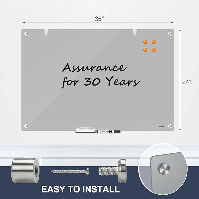 Glass Whiteboard for Wall, TANKEE 36 x 24 Inches Magnetic Glass Dry Erase Board, Frameless Large White Board for Office School Home Classroom, 3x2 Feet