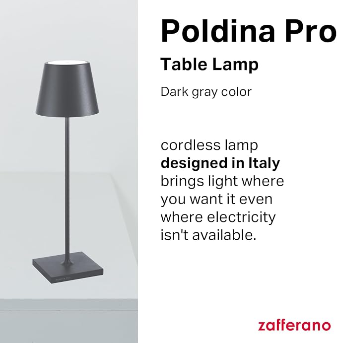 Zafferano, Poldina Pro Lamp, Rechargeable Cordless Table Lamp with Touch Controls, Suitable for Indoor and Outdoor, Dimmer, 2200-3000 K, Height 14.9 Inches, Dark Gray Color
