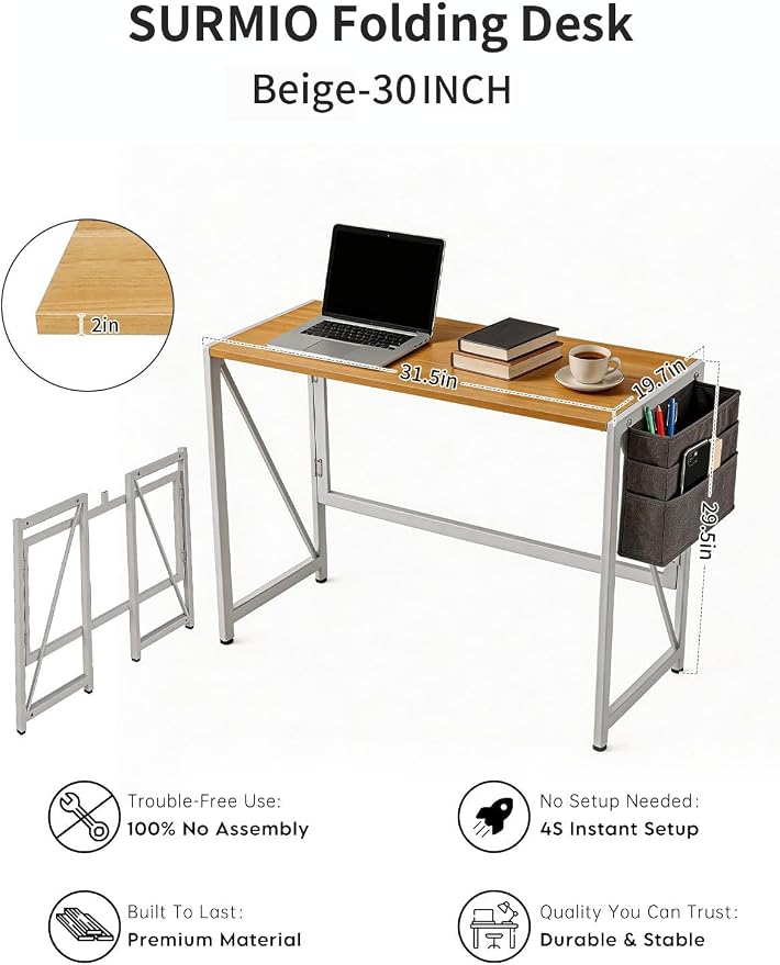 Modern Folding Desk Writing Computer Desk, Beige, 31.5 inch