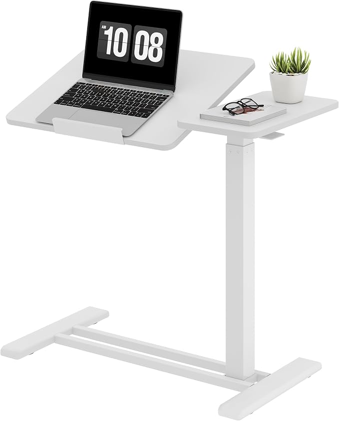 SANODESK 28''Overbed Table Gas Spring Lifting with Wheels&Tilting Desktop | Rolling Mobile Laptop Desk End Table,Portable Computer Workstation for Home Office,Sofa,Bedside,27.6" W x 15.7" D,White