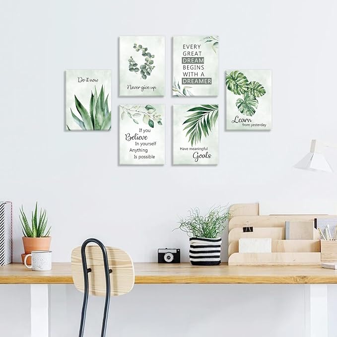 CHDITB Botanical Canvas Wall Art, Sage Green Plant Wall Decor, Inspirational Quotes Framed Poster, Watercolor Eucalyptus Artwork, Boho Mental Health Prints For Office Living Room Bedroom Decor 12”X16”X6