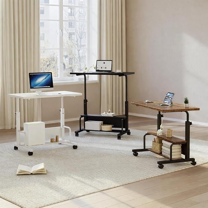 Simple Deluxe 31.5" Manual Standing Desk, Height Adjustable Mobile Computer Desk with Lockable Wheels & 2-Tier Storage, Rolling Laptop Table for Small Spaces & Home Office, Brown