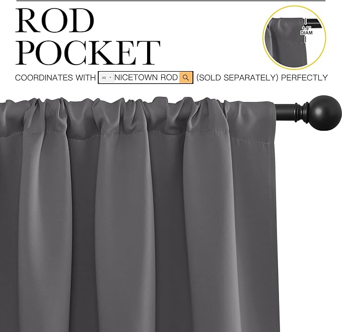 NICETOWN Grey Window Curtains for Bedroom - Home Decoration Thermal Insulated Rod Pocket Blackout Blinds & Drapes for Small Windows (Gray, 2 Panels, W34 x L54 -Inch)