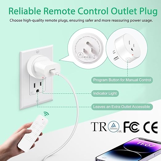 Remote Control Electrical Outlets, Nineleaf Expandable Wireless Outlet Switch with Countdown Timer, 15A/1500W, 500 Ft Range,for Lights, Fans, Christmas Lights, Small Appliance(2 Remotes+3 Plugs)