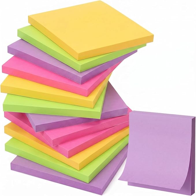 Thenshop 12 Pads Neon Fluorescent Pastel Sticky Notes 3''x3'', Self Stick Notes Pads Neon Fluorescent Pastel Office Supplies, Vintage Aesthetic School Accessories 50 Sheets/pad