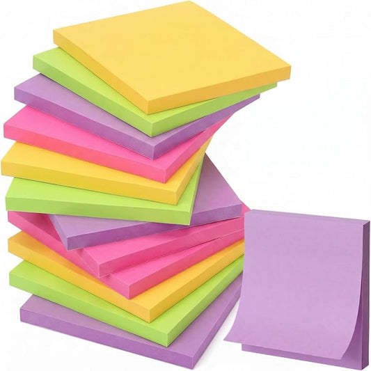 Thenshop 12 Pads Neon Fluorescent Pastel Sticky Notes 3''x3'', Self Stick Notes Pads Neon Fluorescent Pastel Office Supplies, Vintage Aesthetic School Accessories 50 Sheets/pad