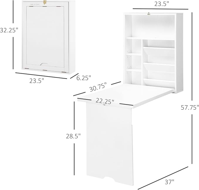 HOMCOM Wall Mounted Fold Out Convertible Desk, Multi-Function Floating Desk with Storage Shelf for Home Office, White