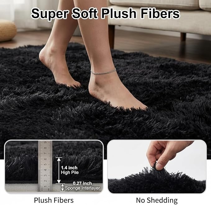 Black Rugs for Bedroom, 3x5 Feet Fluffy Area Rugs for Living Room, Soft Shag Kids Rug Small Carpet for Nursery, Bedside, Indoor, Dorm Decor
