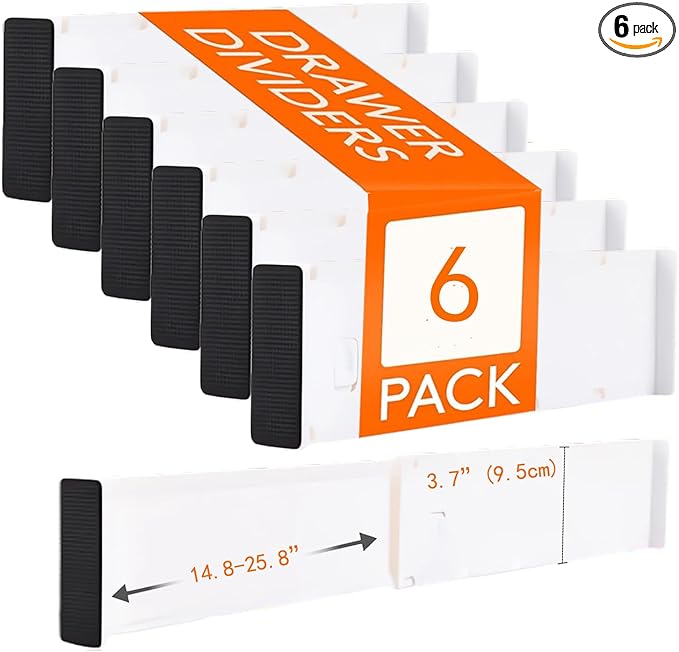 Extra Long Drawer Dividers (14.8"-25.8"), 3.7" Tall Deep Drawer Organizer for Kitchen Utensils, Bedroom Dresser & Large Clothes - 6-Pack Adjustable Separators