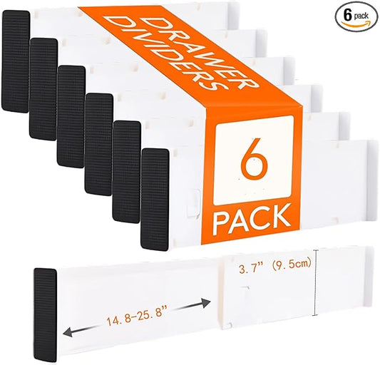 Extra Long Drawer Dividers (14.8"-25.8"), 3.7" Tall Deep Drawer Organizer for Kitchen Utensils, Bedroom Dresser & Large Clothes - 6-Pack Adjustable Separators
