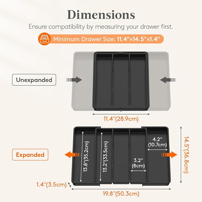 Lifewit Utensil Organizer, Adjustable Kitchen Drawer Organizer, Expandable Cooking Utensil and Cutlery Tray, Plastic Divider Holder Black 11.4-19.8" x 14.5"