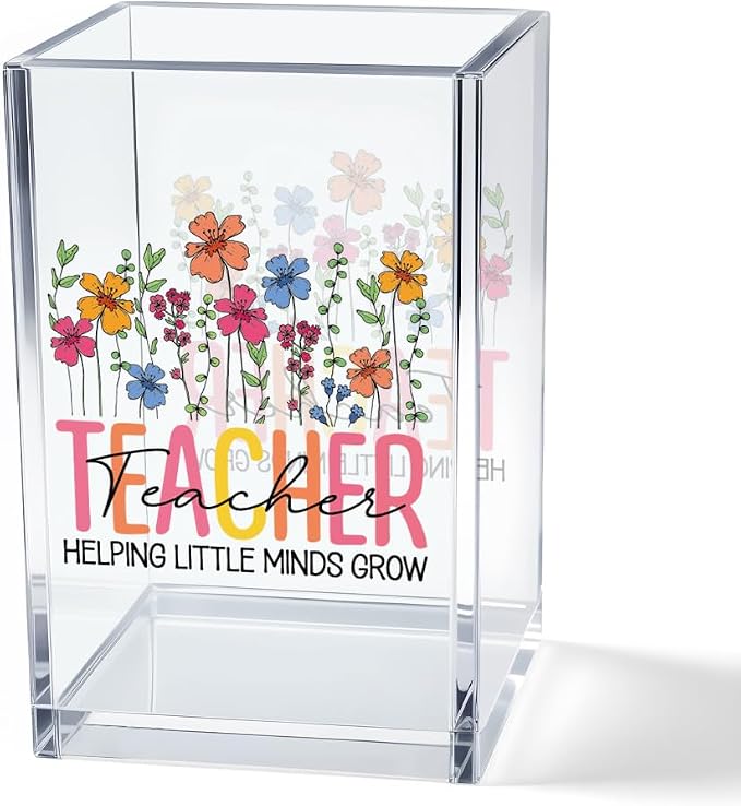 Teacher Helping Little Minds Grow Acrylic Pen Holder for Desk, Funny Floral Teacher Desk Organizer for Office Classroom, Back to School Gifts, Appreciation Gifts for Women Teachers Educators
