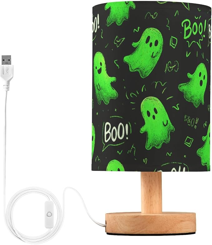 Dussdil Halloween Green Ghost Table Lamp Bedroom Bedside Night Reading Desk Lamps Cylinder Nightstand Sleeping Light Lamp for Kids Living Room Office Decor