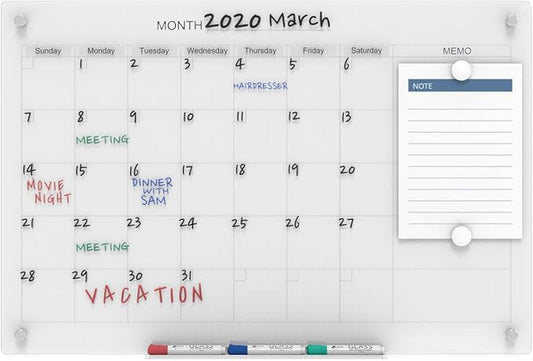 Audio-Visual Direct Magnetic Glass Dry Erase Board Set (3' x 2', Calendar Ultra White) for Wall - Monthly Planner