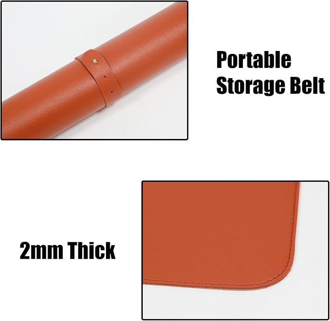 Large Double Sided Desk Mat 31.5" x 15.7" PU Leather Cork Mouse Pad | Large Orange Overlocked Edge Desk Pad Protector for Office Home Gaming Laptop Vanity, Overlocked with Matching Thread