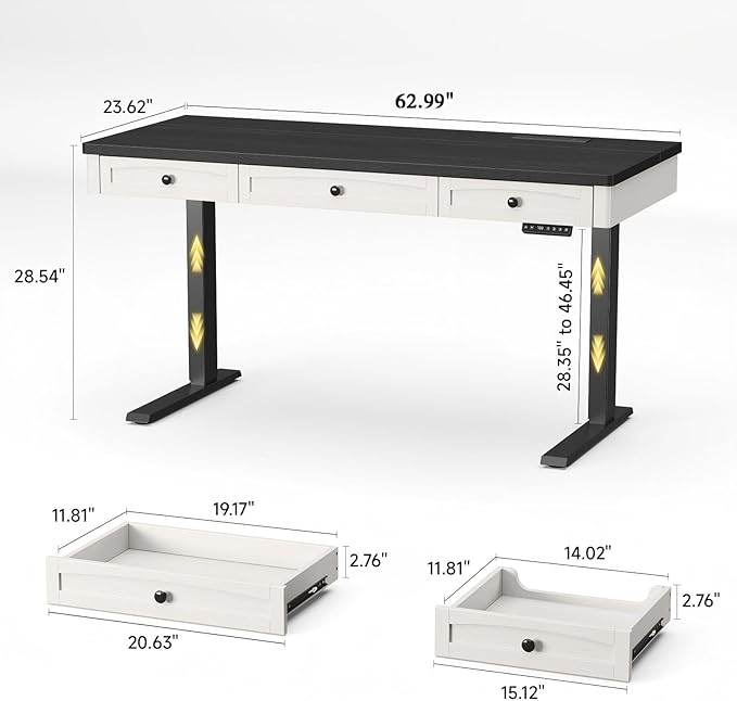 ONBRILL Standing Desk with 3 Drawers, 63 x 24 Inch Electric Height Adjustable Desk with Storage & Outlets, for Computer Workstation, Home Office, Retro Curved Table Corner & Drawers, Black