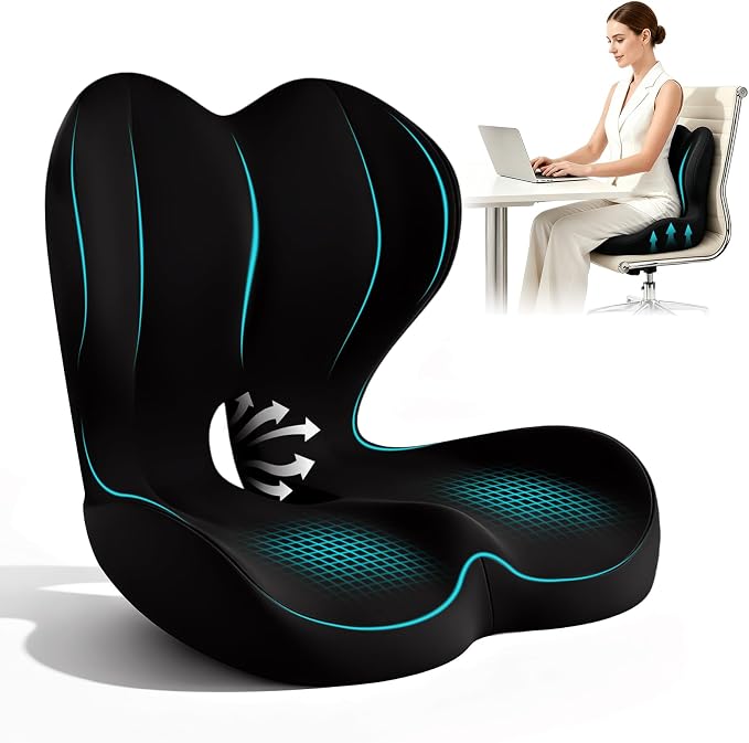 Seat Cushion for Office Chair and Car, L-Shaped Memory Foam Seat Cushion, Ergonomic Sciatica & Tailbone Pain Relief Cushion with Non-Slip Breathable Cover, Back Support for Office Chair-Black