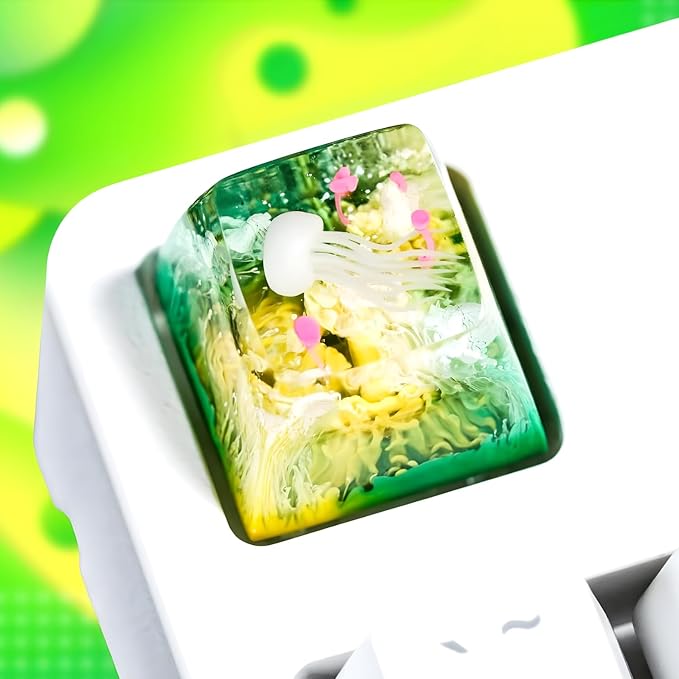 Jellyfish Artisan Keycap Yellow Green Ocean Reef - 1U ESC, R1 SA Profile Custom Handmade Resin Cherry MX Switch Key Cap Mechanical Keyboard, Cool Tech Gifts for Men, Dad, Father, Gamer, Sea Lover
