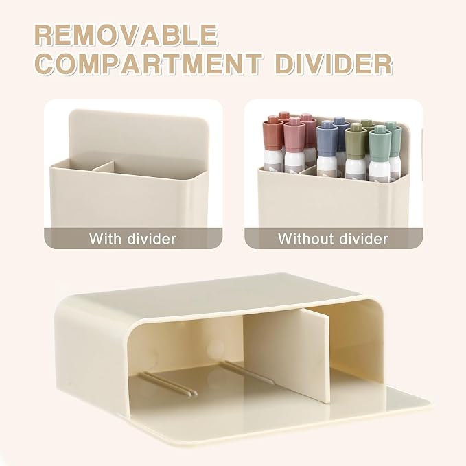 Crtiin 3 Pcs Magnetic Pen Holder Set for Refrigerator, Magnetic Desk Organizer with 1 Large 2-Compartment and 2 Small Holders, Marker Holder for Refrigerator, Whiteboard, Home Office (Beige)