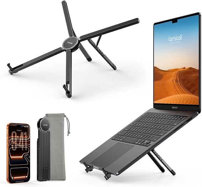 Lamicall [Ultra-Slim] Foldable Portable Laptop Stand for Desk, 6 Level Height Ergonomic Laptop Riser for Business Trip Library Cafe, Computer Holder fit 10-15.6" MacBook Neo Air HP Dell Lenovo - Black