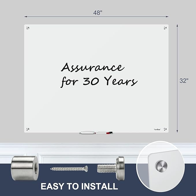 Magnetic Glass Dry Erase Board, 48” x 32” Glass Whiteboard for Wall, Large Modern White Board for Office Home School Classroom