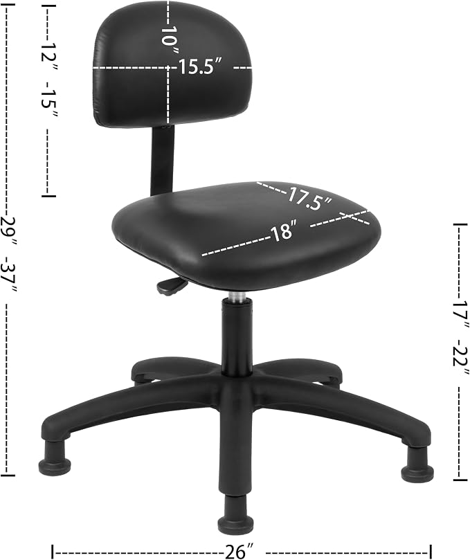 FSS Series Square seat Low (17"-22") seat Height Chair. Vinyl-for Office, Garage, Desk, Shop, Computer, Doctor, Medical, Easy to Clean! NO Footring (Black, Low, Glides)