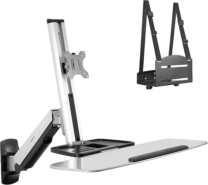 Mount-It! Wall Mounted Sit-Stand Single Monitor Workstation with Gas Spring Arm, Keyboard Tray & CPU Holder, 19.9” Height Adjustment, 41” Extension, VESA 75x75 100x100, MI-7905