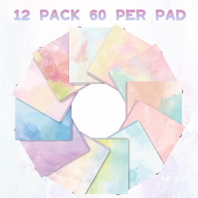 Outus 12 Pads 720 Sheets Gradient Watercolor Sticky Notes 2.8 x 2.8 Inch Cute Sticky Notes Bulk Fun Self Adhesive Memo Pads for Office School Classroom Home Students Teachers Gifts(Pastel)