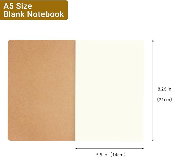 zmybcpack 12 Pack Kraft Notebooks Journal Bulk, Blank Sketch Notebooks for Travelers, Students, Office - Composition Notebook Subject Notebooks- A5 Size, 8.26”x5.5”, 64 Blank Pages/32 Sheets