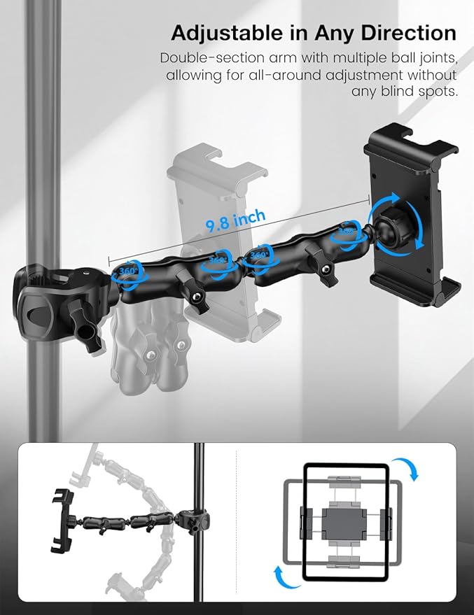 PLDHPRO Tablet Holder for Mic Stand,iPad Clamp Mount with Long Arm,360°Rotating Adjustable Tablet Mount for Microphone Stand,Fits 5.5"-14.6" iPad Pro 12.9, Galaxy,iPhone