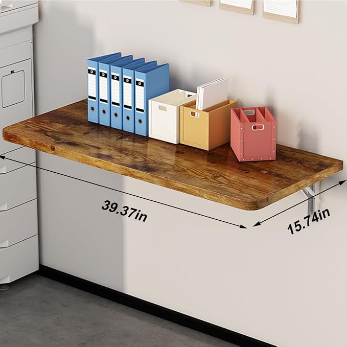 Rustic Wall Mounted Folding Table, Solid Wood Floating Shelf with Stainless Steel Brackets, Space Saving Desk for Home Office, Kitchen, Dining, Bar, Laundry Room(100X40cm/39.37"X15.75")