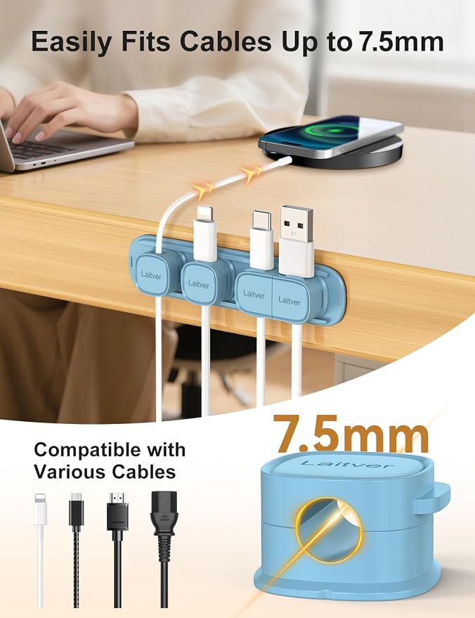 6 Pack Magnetic Cable Clips [1s Open/Lock], Laitver Cord Organizer Holder Strong Adhesive Desk Cable Management- Organize Charging Cords Neatly for Home, Office, Car,Desk, Nightstand-Peak Blue