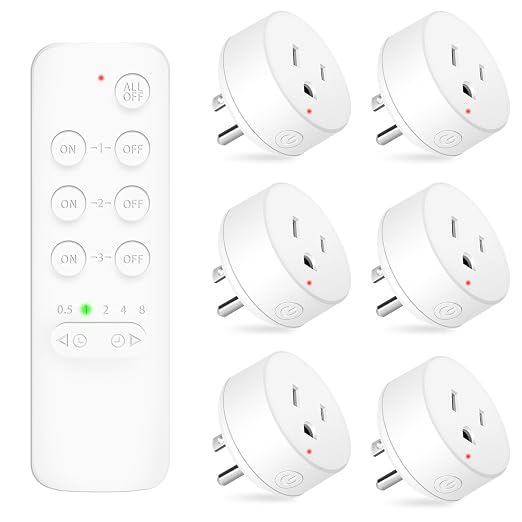 NineLeaf Remote Timer Outlet, Wireless Remote Control Plug Programmable, 500FT Long Range, 15A/1500W Plug in Light Switch, No Wiring Needed for Lamps, Fans, Christmas Lights,1Remote 6Outlets