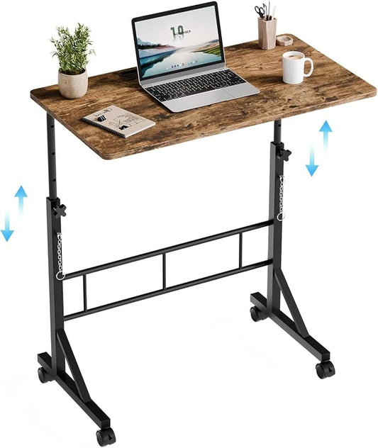 Simple Deluxe 31.5" Adjustable Height Mobile Desk with Locking Wheels & Pin-Lock – Height-Adjustable Standing Desk– Heavy-Duty Portable Workstation for Small Spaces & Home Office – Brown