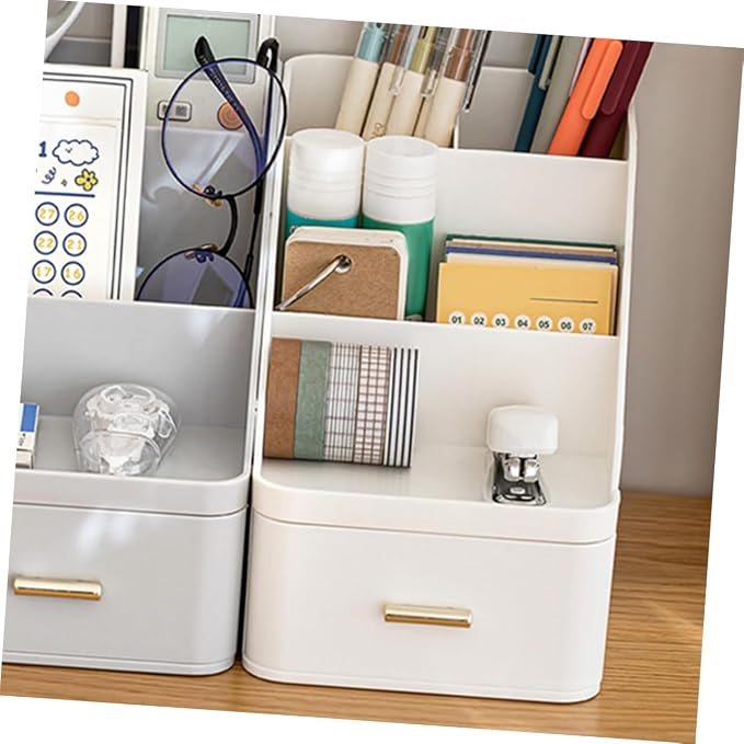Luxshiny Large Capacity Desk Storage Box with Drawer Multi Functional Desktop Organizer Pen Holder for Home and Office Versatile Compartments for Supplies Modern Design