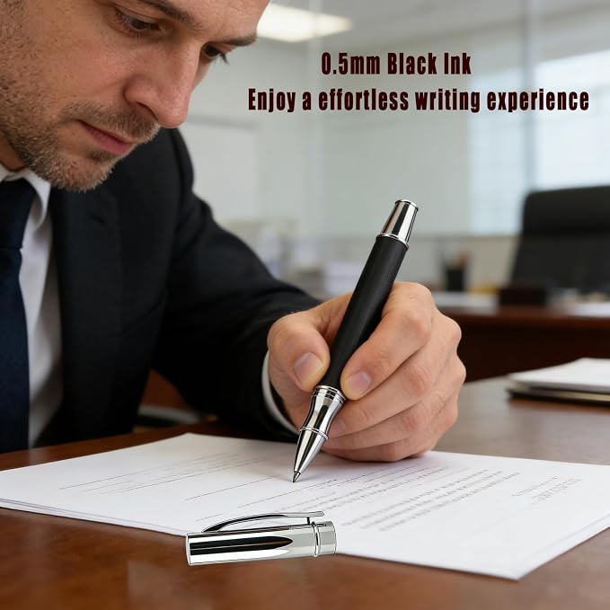 Brushed Metal Black Rollerball Pen - 0.5mm Fine Point Executive Writing Pen for Men & Women, Professional Signature Pen for Business Office & Journaling, Luxury Stationery Gift with Metal Case
