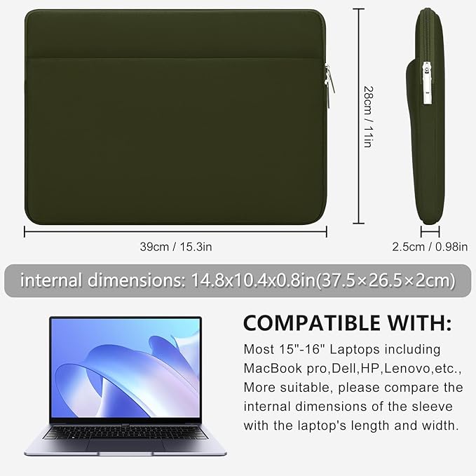 Laptop Sleeve Bag Compatible with 15 to 16 inches MacBook HP Dell Asus Acer Protective Case with Front Pocket Padded Computer Pouch Cover Protective for 15” to 16” Laptop, Green