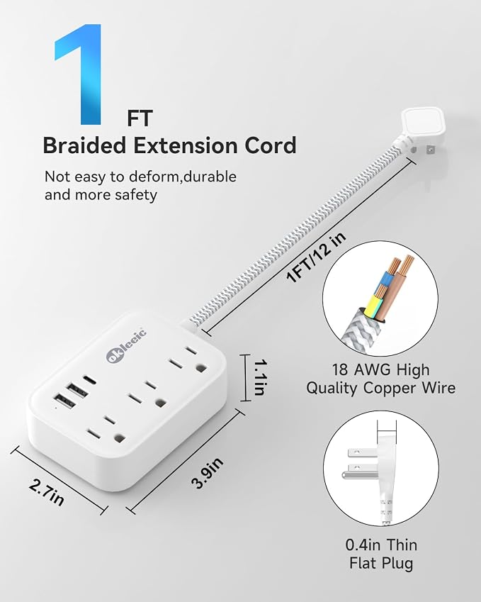 Short Extension Cord 1 ft - Flat Plug Small Power Strip No Surge Protetor with 3 Outlets 3 USB (1 USB C) Charging Ports, Multi Plug Small Outlet Splitter for Cruise Ship Home Office Dorm Room, White