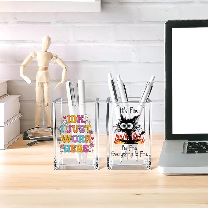 Funny Black Cat Work 2 Pack Acrylic Cosmetic Pencil Pen Holder Cup, Cute Office Pen Holder for Desk, Funny Work Burnout Gifts for Coworker Friend, Office Sarcastic Gifts for Women Colleague Boss