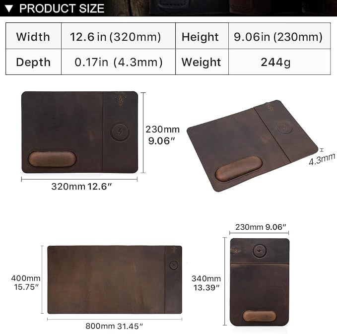 Hiram Premium Crazy Horse Leather Mouse Pad with 15W Wireless Charging - Ergonomic Wrist Rest, Waterproof, and High-End Cowhide Touch(12in x 9in)