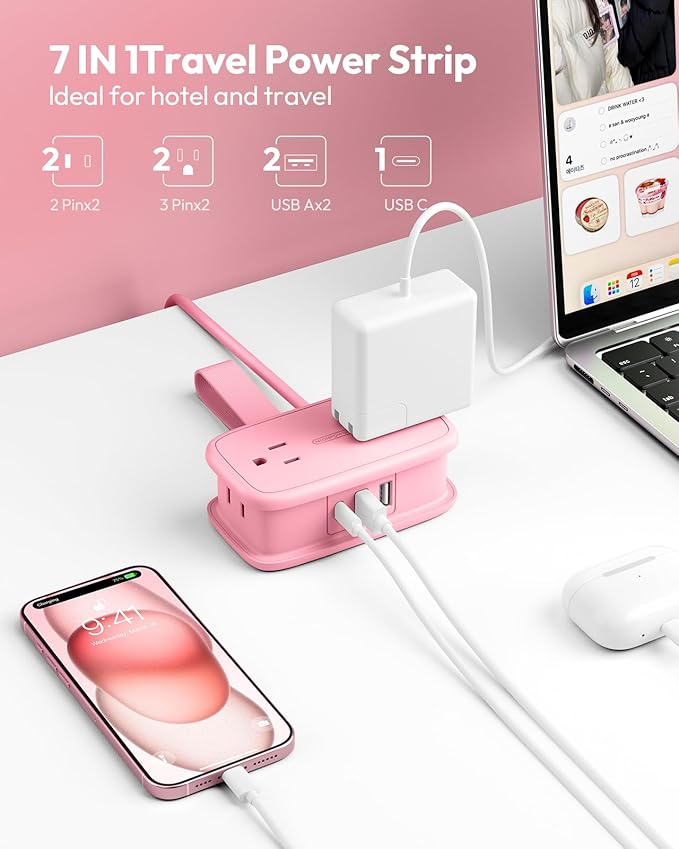 NTONPOWER Pink Travel Power Strip,Travel Essentials 4 Outlets 3 USB(1 C) with 4FT Wrapped Extension Cord Flat Plug, Cruise Essentials 2026 for Hotel Travel Cruise Essentials