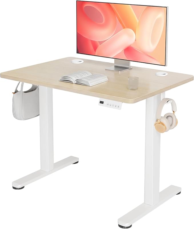 YDN Electric Standing Desk Adjustable Height, 32 x 19 Inches Stand up Desk with Cable Management, Home Office Desks with Splice Board & White Frame, Nature Top